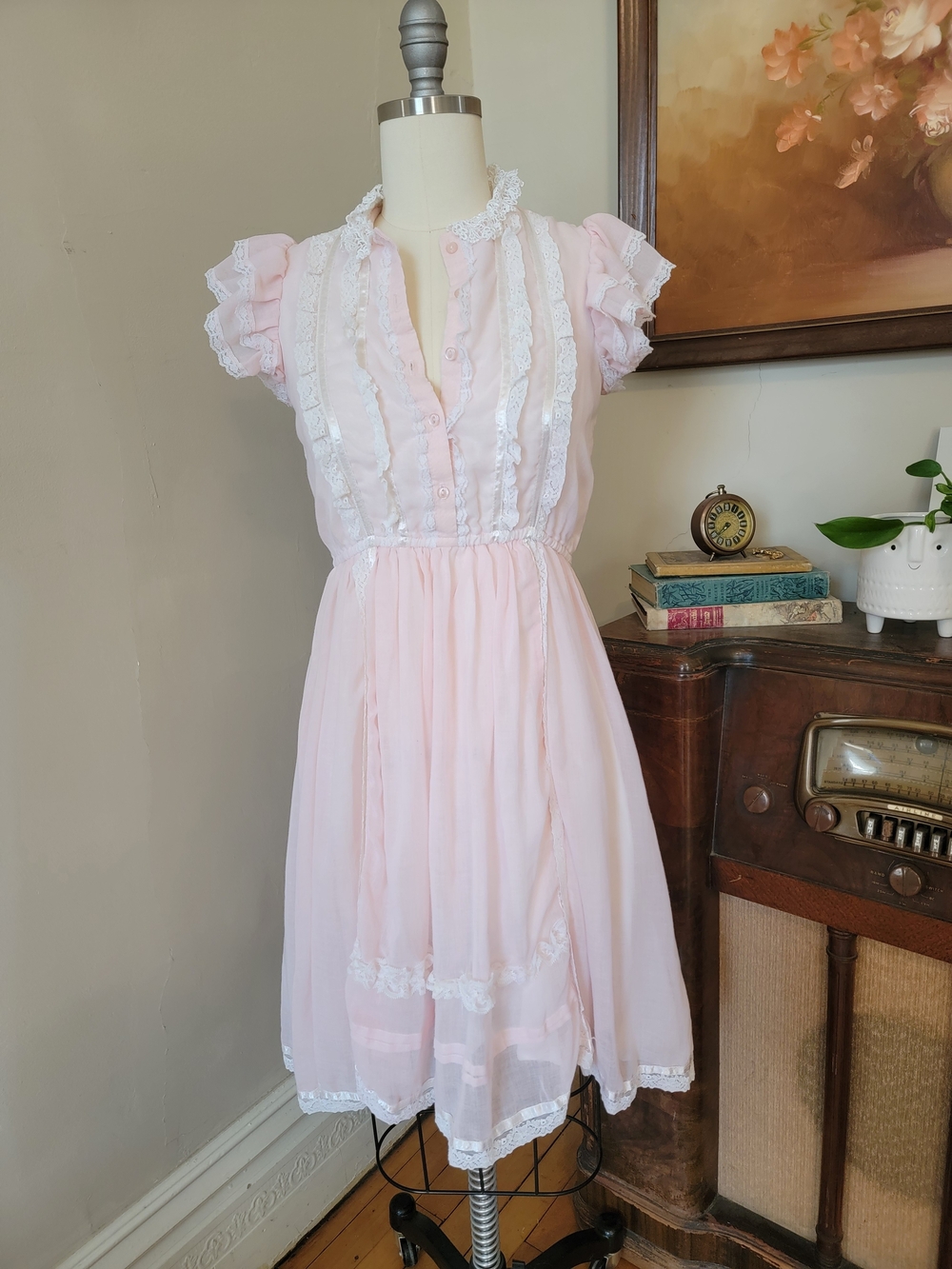 RARE Vintage Gunne Sax Jeunes Filles 1970s Pink Cotton Lace Short Dress S